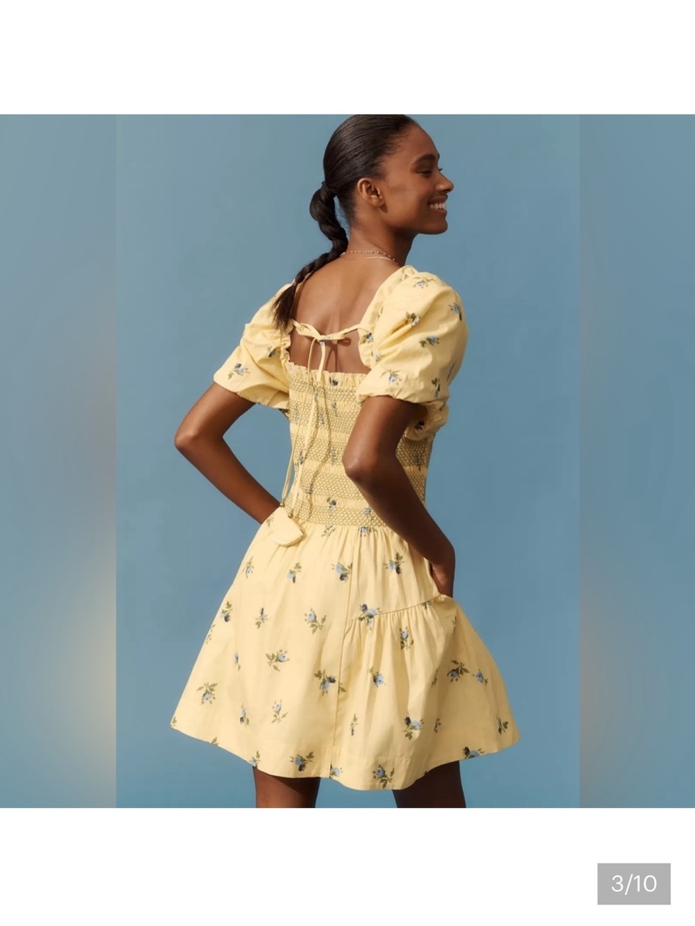Anthropologie Puff Sleeve Square neck Smocked Mini Dress Large Yellow NWT - Picture 4 of 9